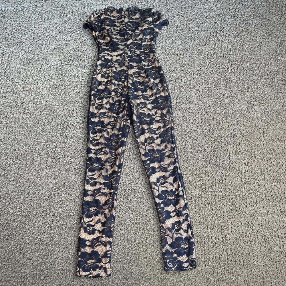 Navy Blue Floral Lace V-Neck Cap Sleeve Tapered Leg Jumpsuit Women Small